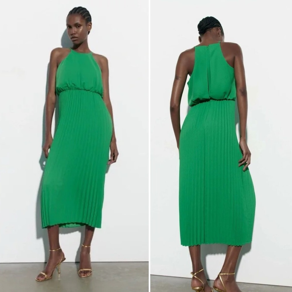 FREE 🍀 Zara Pleated Kelly Green Midi Dress